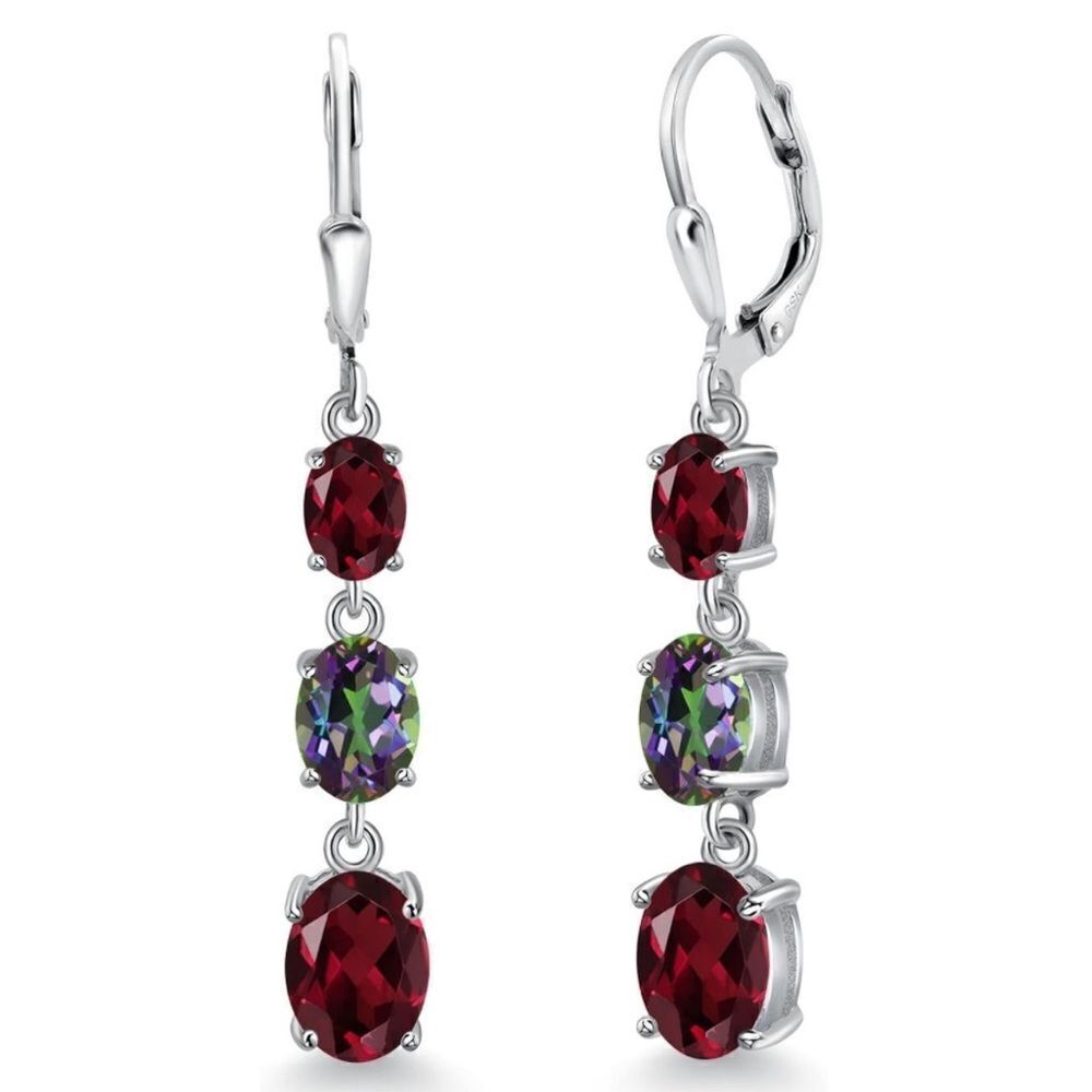 925 Sterling Silver with 5.70Cttw 3 Stone Garnet and Green Mystic Topaz Earrings